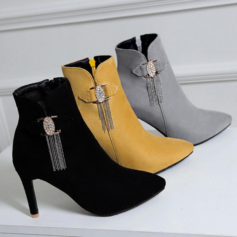 

Autumn women shoes fashion casual Nubuck high heel boots tassel metal buckle decoration elegant women's boots ladies ankle, Yellow