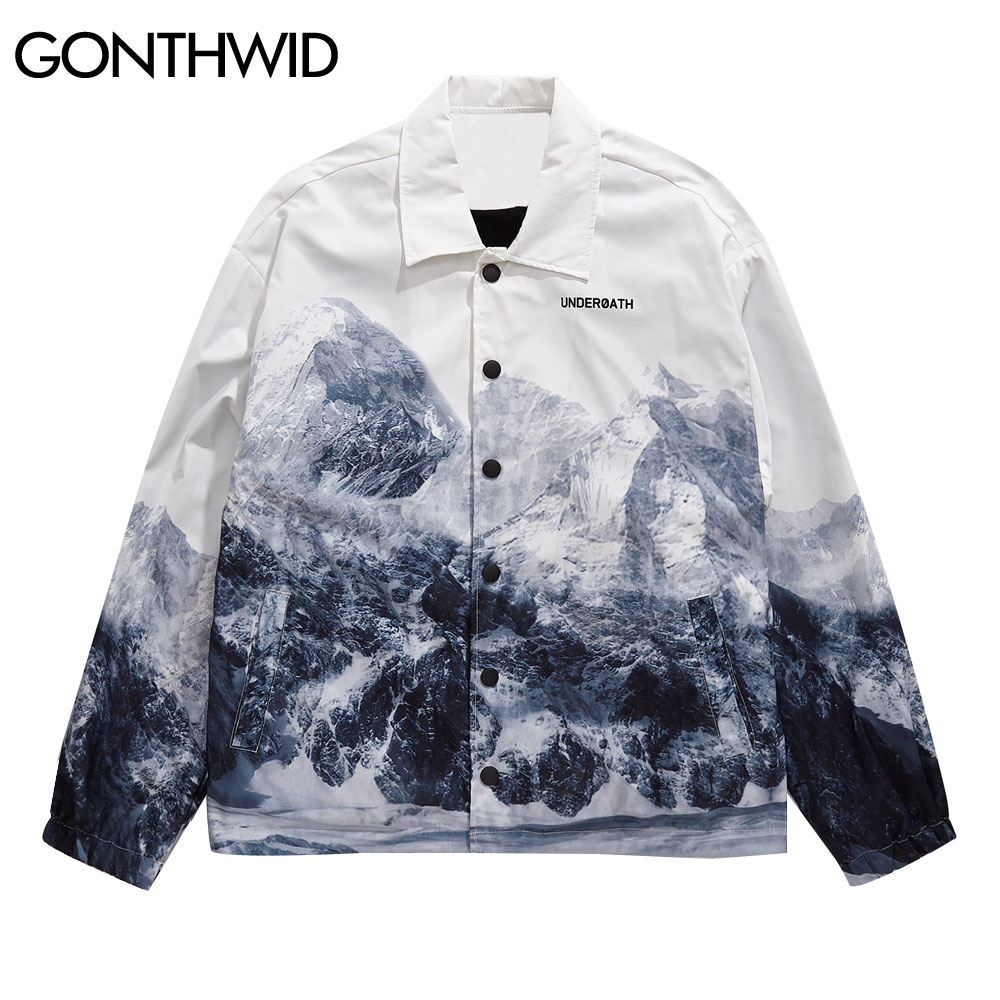 

Snow Mountain Print Short Style Windbreaker Jackets Coats Streetwear Mens Hip Hop Harajuku Casual Jacket Tops 2020 Male, Beige