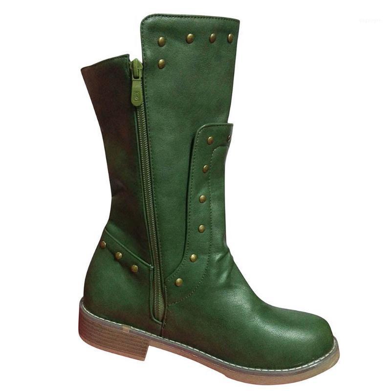 

Boots Motorcycle Women's Rivet Cowboy Boots Winter Mid-Calf Knight Boot Fashion Female Low Heel Leather Shoes Rome1, Brown