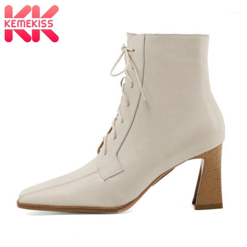 

KemeKiss Real Leather Women Ankle Boots High Heel Cross Strap Zipper Shoes Square Toe Winter Boots Fashion Footwear Size 33-401, Black