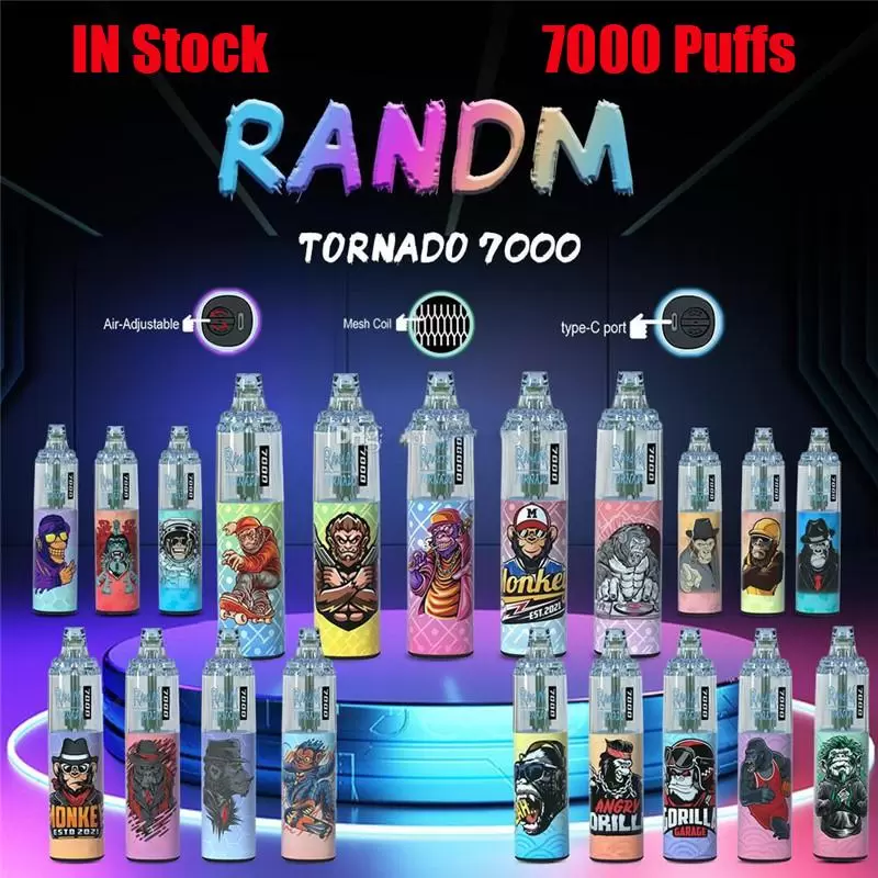 

Original RandM Tornado 7000 Puffs Disposable Vape Pen Electronic Cigarettes 14ml Pod With Mesh Coil 6 Glowing Colors Rechargeable Air-adjustable 5% Device Vaporizer