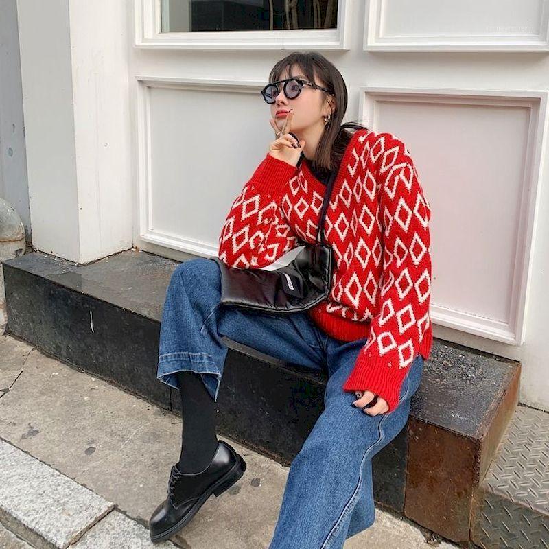 

Christmas red sweater women short winter pullover V-neck diamond retro knitted inner base shirt Tracksuit Neutral minimalism1, Olivine