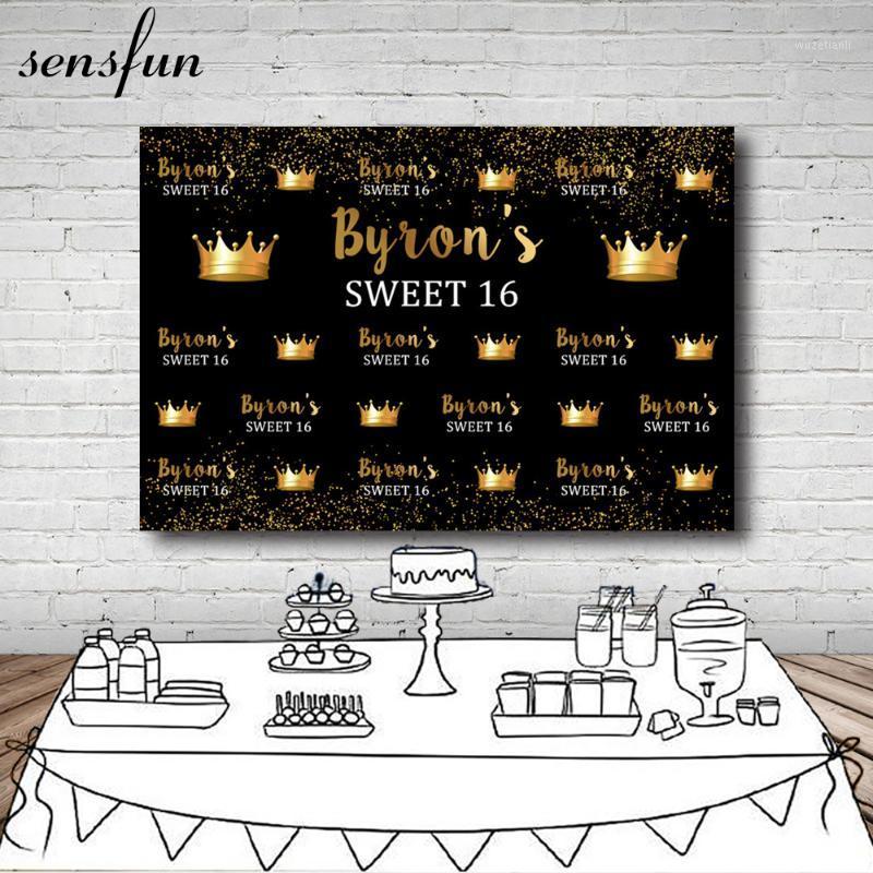 

Sensfun Sweet 16 Birthday Party Backdrop Crown Gold Glitter Black Backgrounds For Photo Studio Table Banner 7x5FT Vinyl1