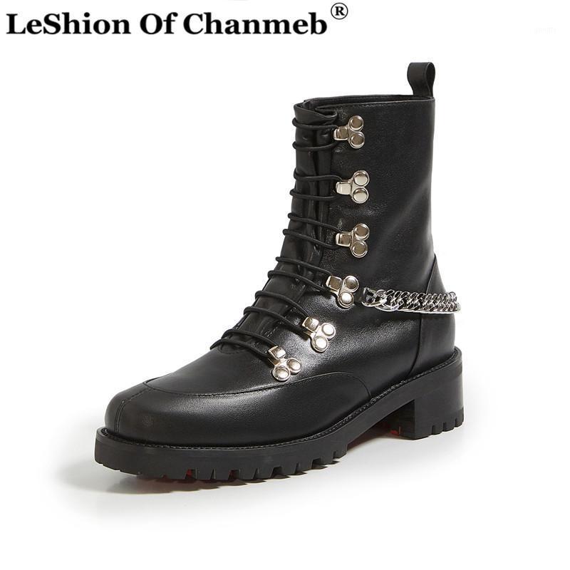 

Chunky Heels Punk Boots Natural Cow Leather Women Metal Chain Street Shoes Female Platforms Motorcycle Boot Ladies Autumn Winter1, Black