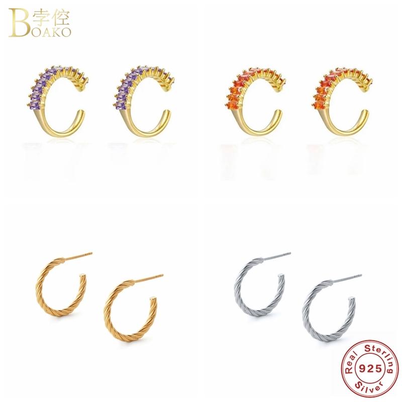 

Boako Real S925 Sterling Silver Stud Earrings For Women C-Shaper Unique Design Female Engagement Party Gift Jewelry bijoux femme