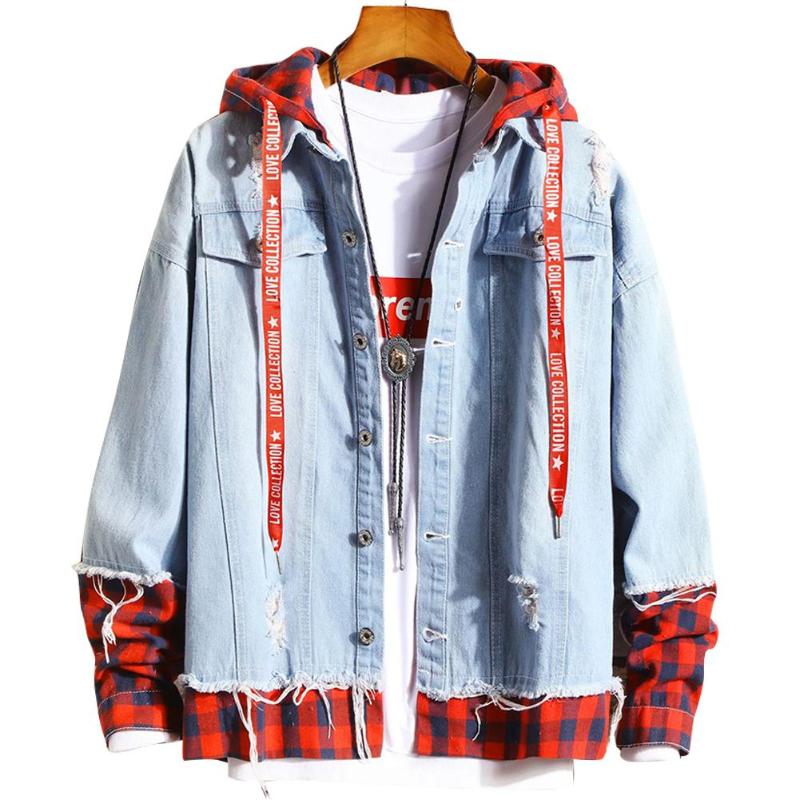 

2021 New Lovers Men Coat Spring Autumn Fake Two Pieces Denim Jacket Plaid Short Hoodies Coat Female Male Clothes, Dark blue