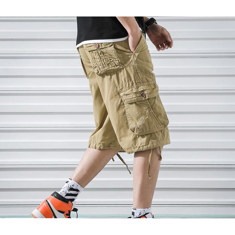 

2021 New Men Short Cotton 3/4 Total Length of Cargo Casual Plus Size Sandbeach Man Beef-length Pants Freight Shorts Cqif, Khaki.