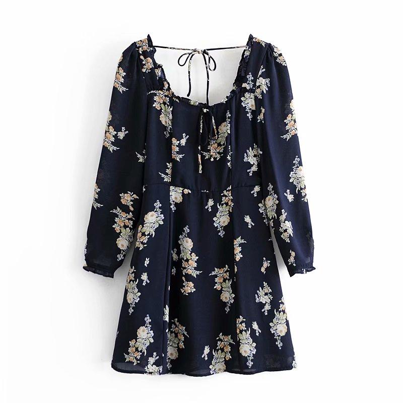 

2020 New Autumn Women Dress Floral Print Long Sleeve Square Collar Backless Above Knee Dress Female Casual Fashion Women Clothes