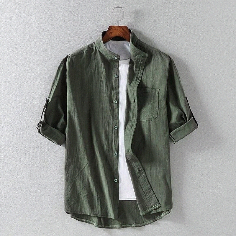 Men's Shirt Solid Colored Collar Standing Collar Daily 3/4 Length Sleeve Tops White Black Army Green s267#