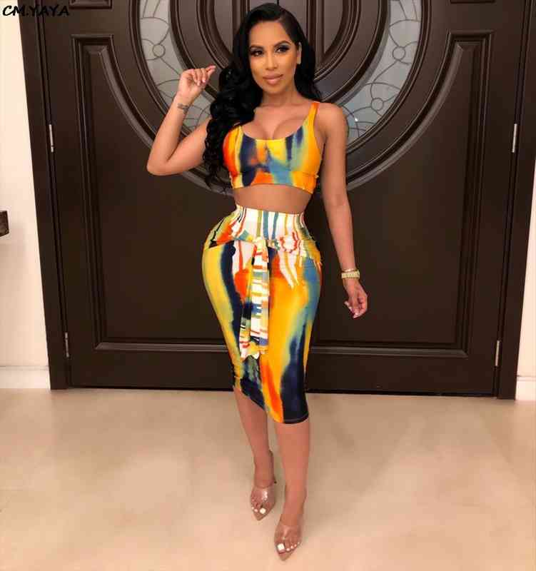 

Women Summer Tie Dye Print Sexy Night Club Party Two Piece Set Bodycon Dress Tank Top Midi Tie Up Skirt, Gray