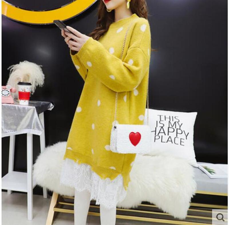 

New Winter Pregnant Women Breastfeeding Sweater Lace Hem Patchwork Polka Dot Loose Nursing Dress Maternity Lactation Pullovers, Blue no zip