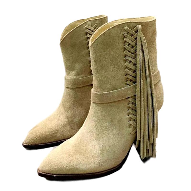 

Pionted toe fringe ankle boots female spike high heel real suede short boots winter runway shoes western cowboy botas for ladies, Brown suede