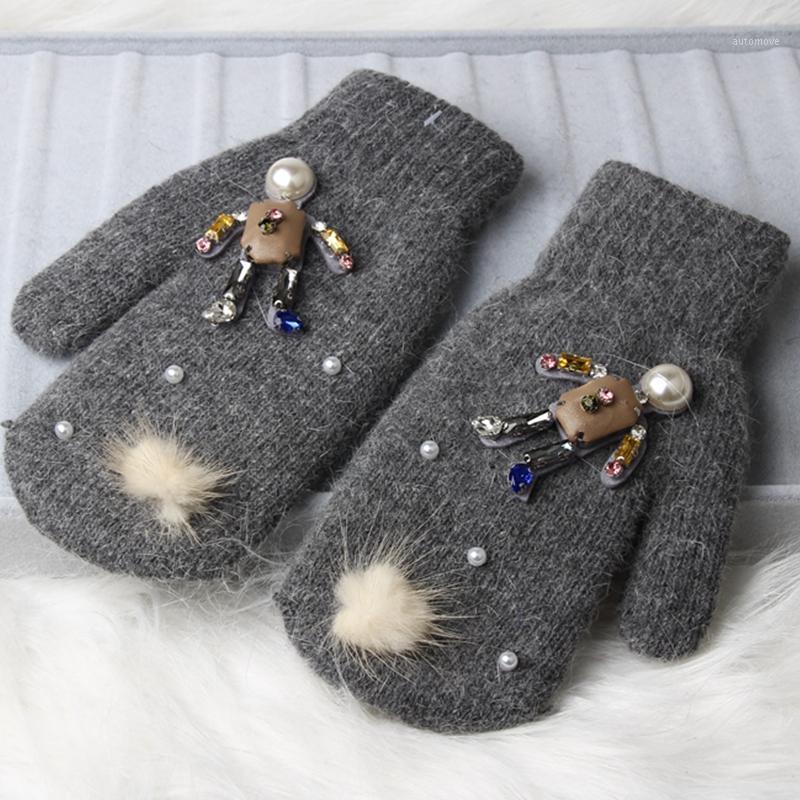 

Winter Women Mittens Boutique Leather crystal Doll Knitted Gloves For girl fur full finger Warm Female Mittens1