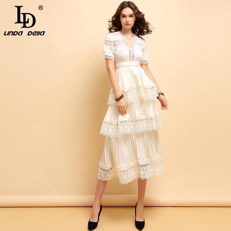 

LD LINDA DELLA 2020 Fashion Spring Summer Dress Women' Sexy Deep V-Neck lace up Hollow Out Elegant Pleated Champagne Dresses1, Multi