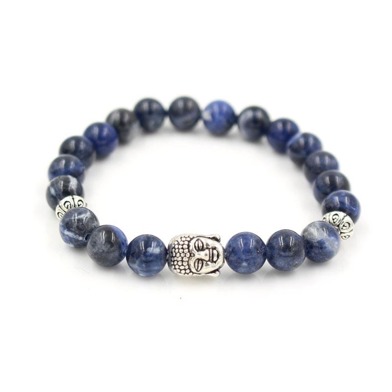 

Fashion Natural Sodalite Stone Bead Antique Silver color Buddha Charm Yoga Elastic Bracelet For Women Men Pulseira Masculina