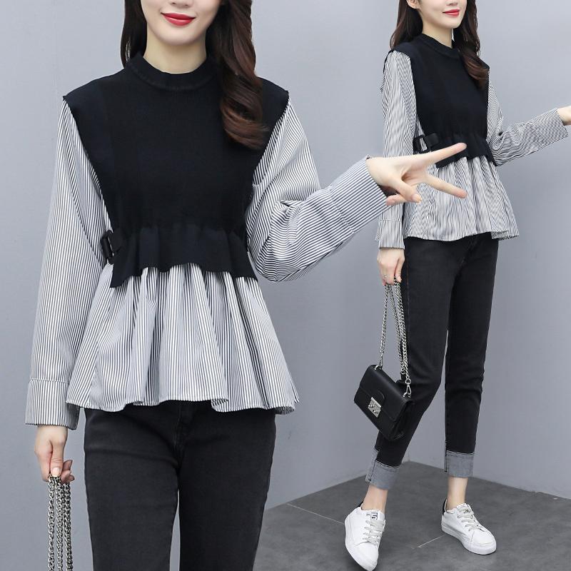 

Patchwork women's clothing fashion 2 piece set autumn office lady top and pants stripe loose business suit, Picture color