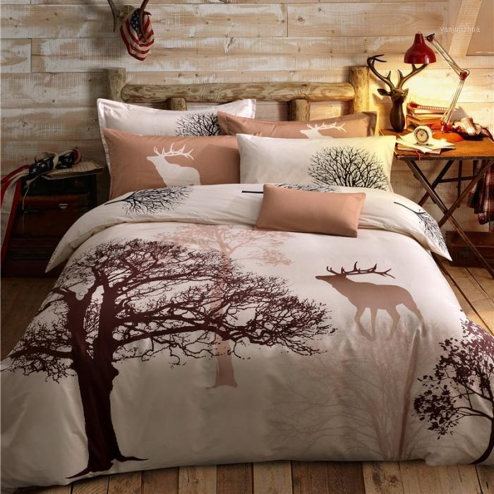 

trees deer bedlinens high quality sanding cotton fabric /King size duvet cover set1, As