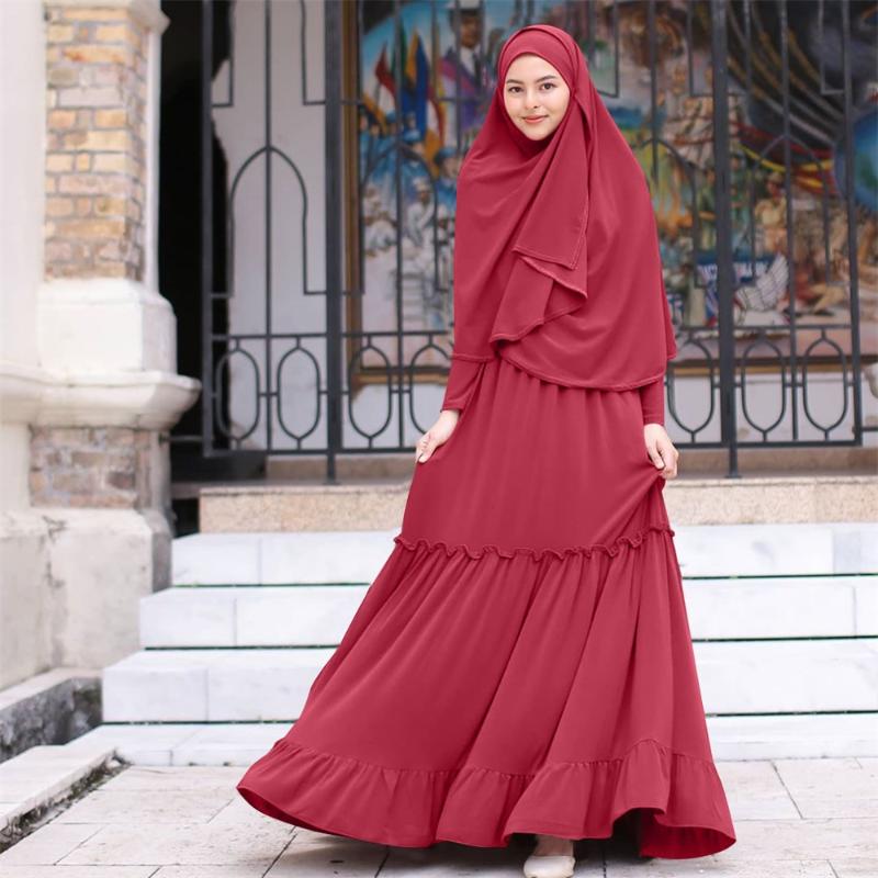 

Muslim Long Khimar Abaya Dress Malaysia Turkey Islamic Worship Robe Hijab Headscarf Ethnic Dubai Arabic Clothes New 2 Piece Set, Navy blue dress