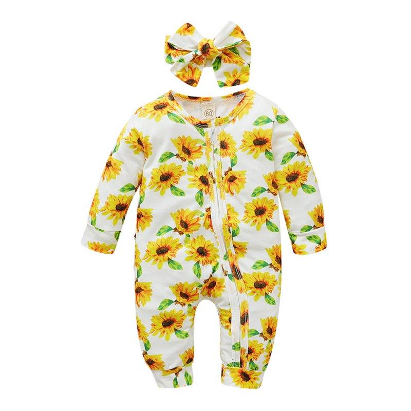 

2021 Spring Baby Jumpsuit Set Infant Girl Cotton Floral Print Long Sleeve Romper+Bowknot Headband for 0-18M Newborn Baby Hot