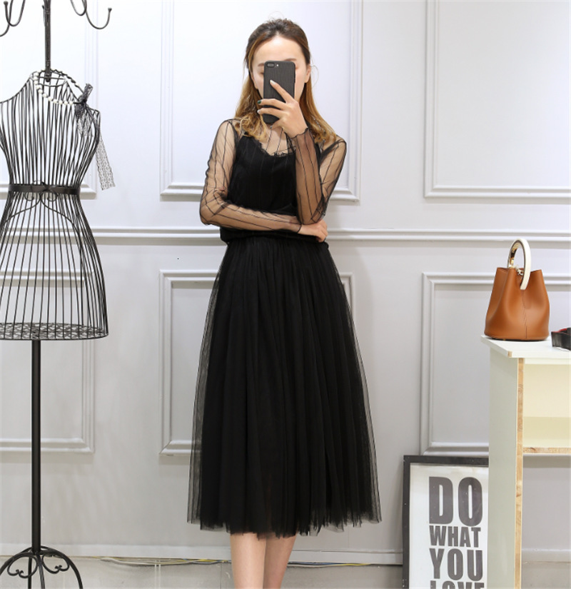 

New Sweet Women's Net Yarn Midi Cute Spring 2021 Multilayer Elastic High Waist a Line Skirt Hot Color Black White 9ah9