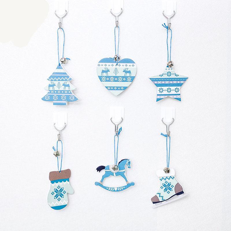 

3 Pcs/set Nordic Style Blue Christmas Creative Wood Home & Living Bell Christmas Tree Wooden Card Pendant Xmas Tree Decor C10271