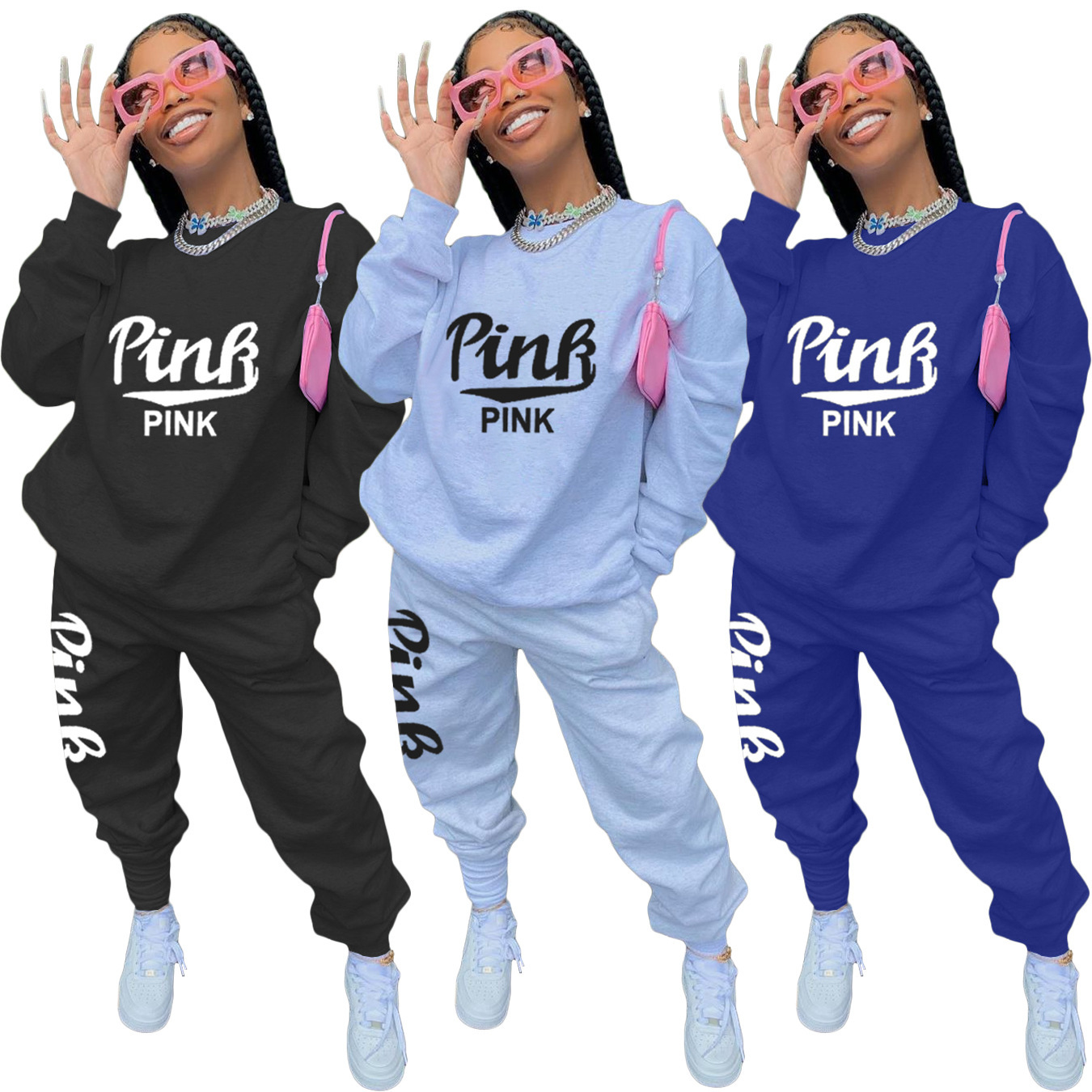 

2021 New Pink Card Long Sleeve Down Sweater Vest Baggy Loose Jogger Pants Activewear Training Streetwear 2 Joint UTTN, Blue
