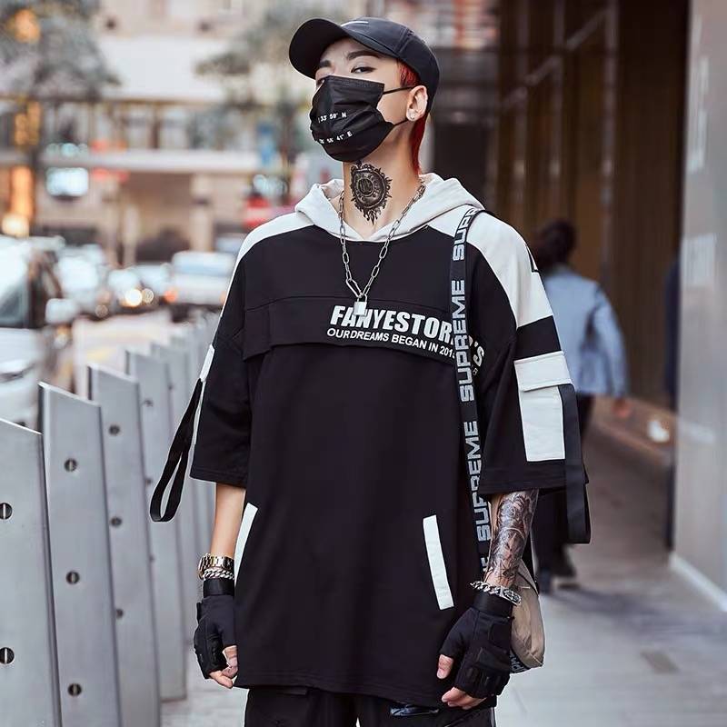 

Men Hip Hop T Shirt High Street T-Shirt Streetwear Harajuku Tshirt Oversized Summer Black Tops Tees Hooded Korean T Shirts Male