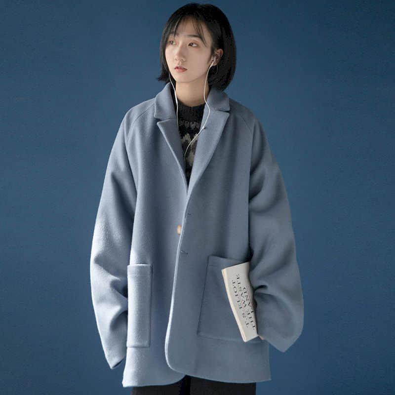 

Plus size women' woolen coat Japanese style fall/winter Korean Oversize mid-length woolen coat Preppy style Simplicity Solid, Blue