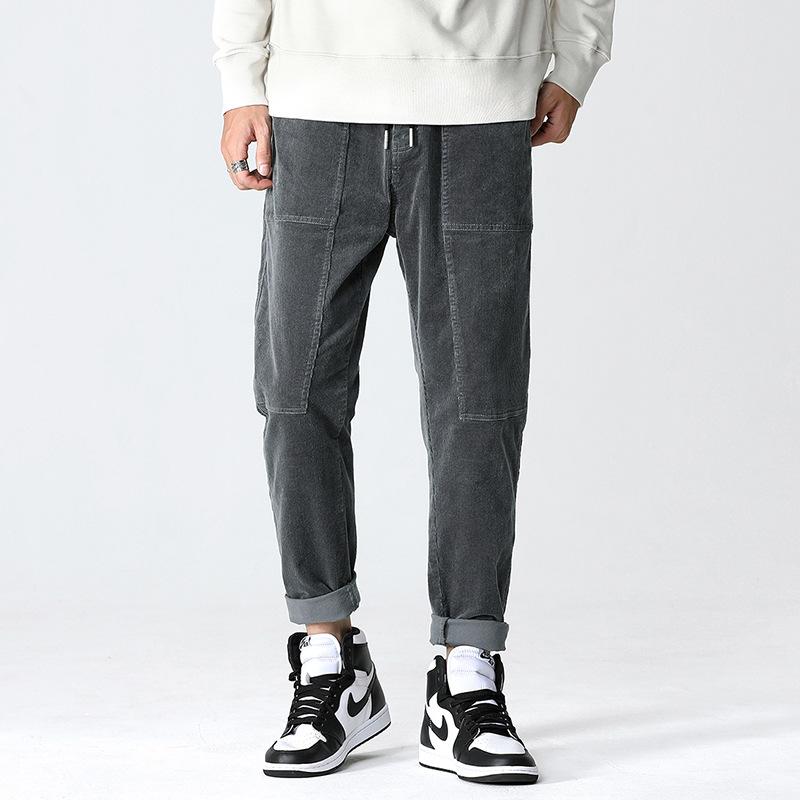 

Autumn Winter Straight Corduroy Pants Men Washed Solid Color Casual Slim Vintage Pockets Fashion Trousers Male Wild, Black