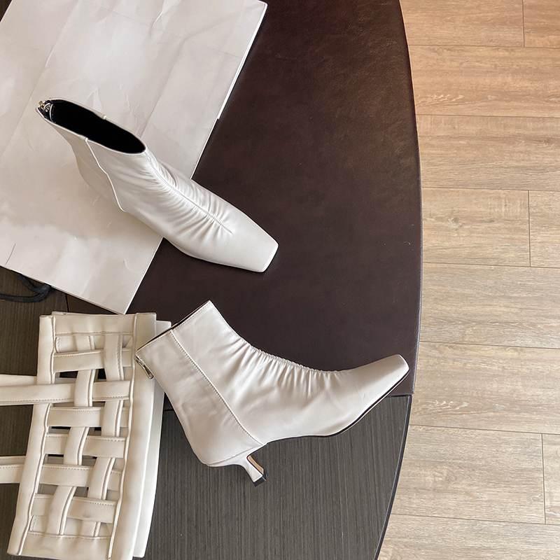 

ankle boots women's shoes genuine leather zipper nightclub pleated solid concise elegant women ankle boots, Black