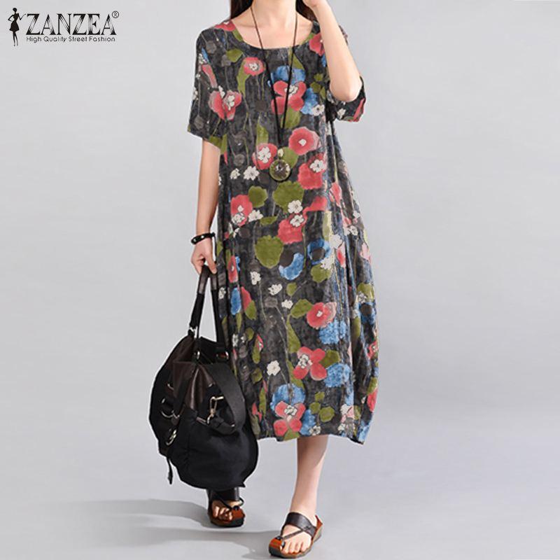 

ZANZEA Women Dress Summer Vintage Floral Printed Sundress Casual Loose Midi Vestido Plus Size O Neck Short Sleeve Kaftan Dresses, Blue