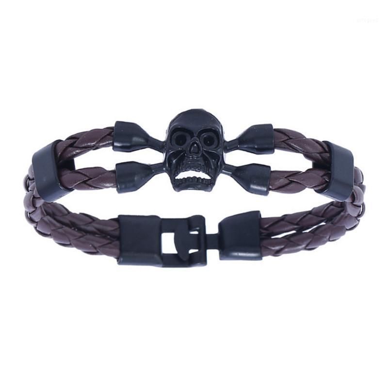 

Charm Bracelets Vintage Black Skull Bangles Hand Made Top Quality Length 21 Cm Leather Bracelet Skeleton Men Jewelry1