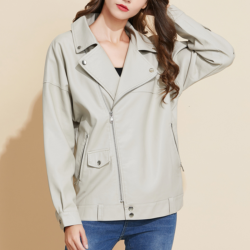 

2021 New Spring Autumn Women Bf Loosed False Leather with Female Belt Plutonium Soft Black Jacket Outwear F1V5, Beige