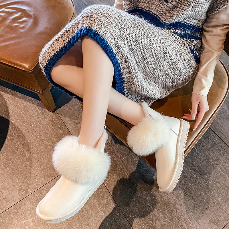 

YourSeason New 2020 Women Winter Wool Snow Boots Genuine Leather Warm Round Toe Flat With Ladies Sewing Ankle Platform Shoes, Beige