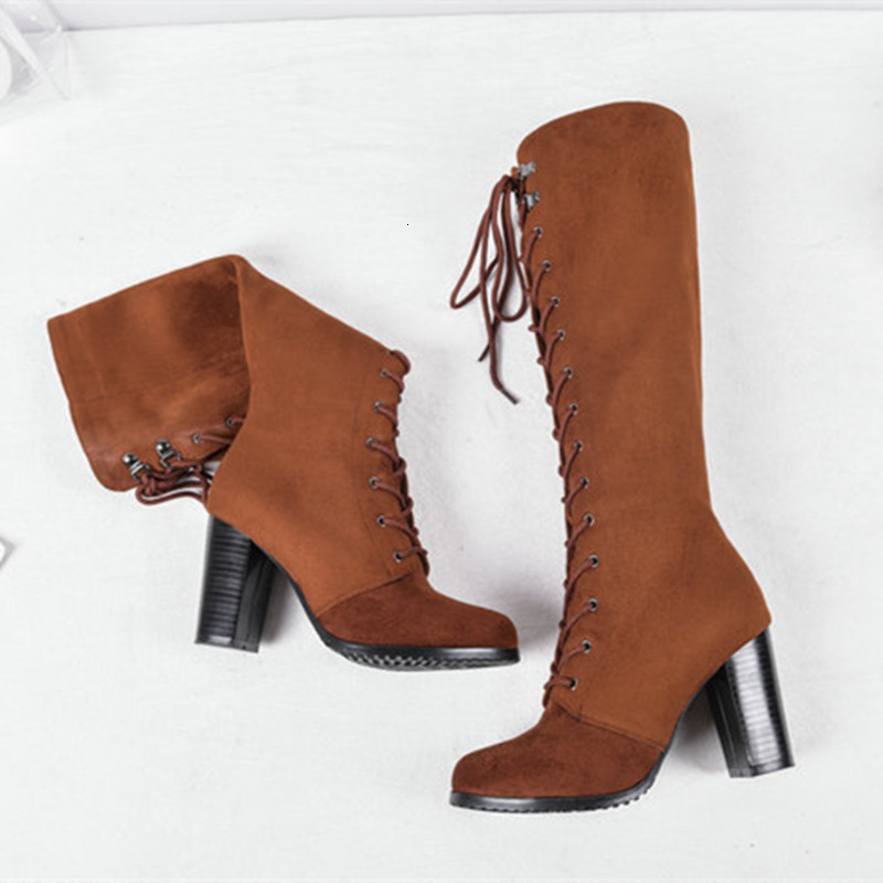

2021 New Knee High Square Heel Lace Up Rouned Toe Women Black Ladies Motorcycle Boots Size 34-43 7wc5, Brown