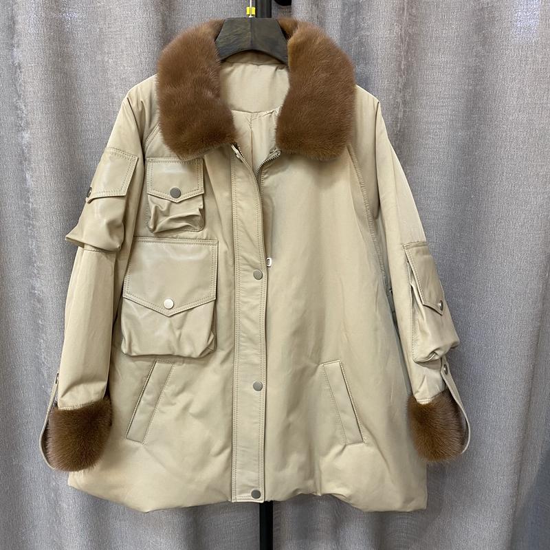 

Luxury Women Duck Down Jacket Winter Down Coat With Natural Collar Cuff Loose Plus Size Jackets European Style, Beige
