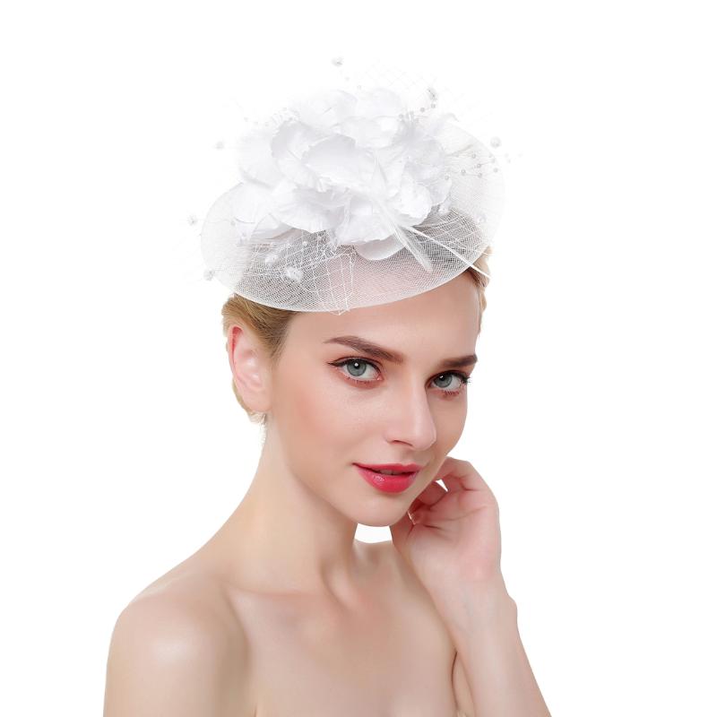 

New 2021 Hot Sales Net Feather Mesh Fascinator Small Flower Headband Clip Wedding Bridal Women Party Church Hat