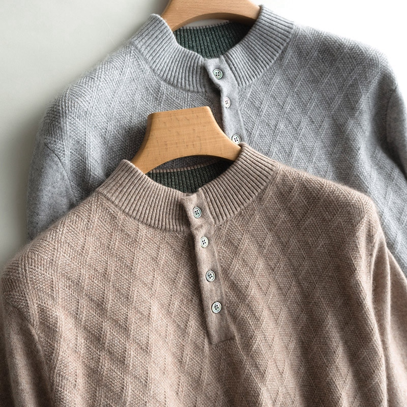 

2021 High quality Man Sweater Button The-neck Pullovers 100% Goat Cashmere Mesh Long Jumpers Winter New 4 Thick Hot Tops XNDW, Black