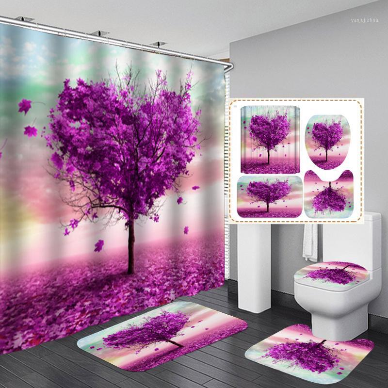 

Beautiful Violet Love Shape Tree Valentine's Day Bathroom Shower Curtain Non-Slip Rug Set Pedestal Rug Lid Toilet Cover Bath Mat1