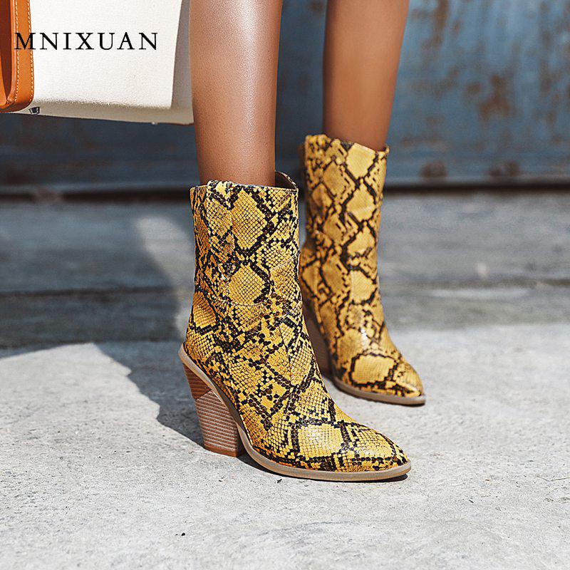 

MNIXUAN Western Boots Cowboy Boots Women shoes Snake Print 2020 new pointed toe super high heels Wedge Yellow, Black