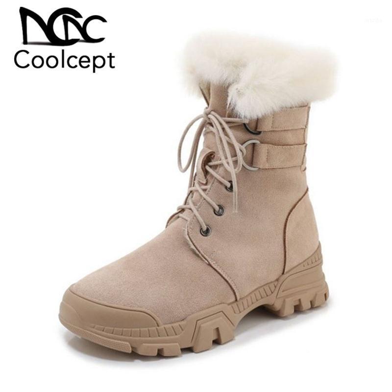 

CoolCept Genuine Leather Women Ankle Boots Keep Warm Round Toe Flats Snow Boots Plush Fur Hot Sale Shoes Women Size 35-391, Black