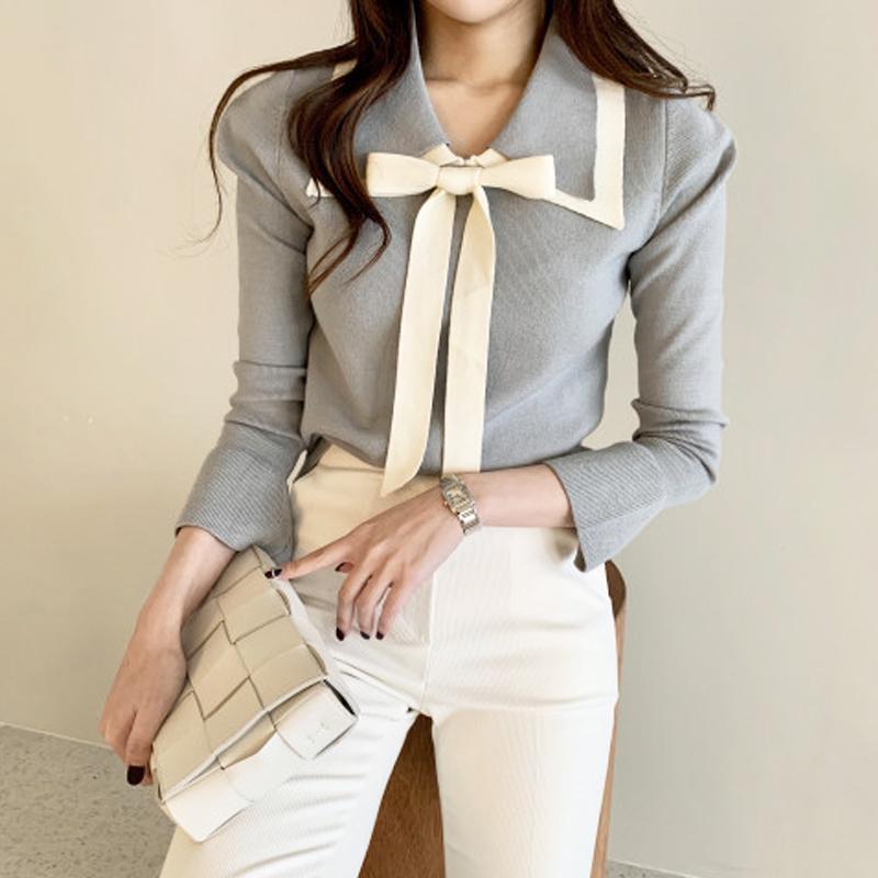 

Women's Sweaters Autumn Thin Long Sleeve Bow Pullovers Sweater Lapel Knitted Tops Hit Color Slim Pull Femme Korean Wild Shirts Retro, White;black
