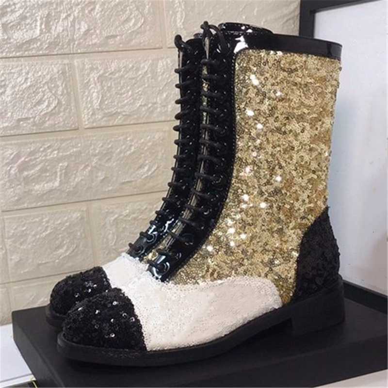 

Sequin Splice Boots Mixed Colours Knight Boots Side Zipper Short Lace-Up Middle-Tube Thick Low Women's Shoes, As show