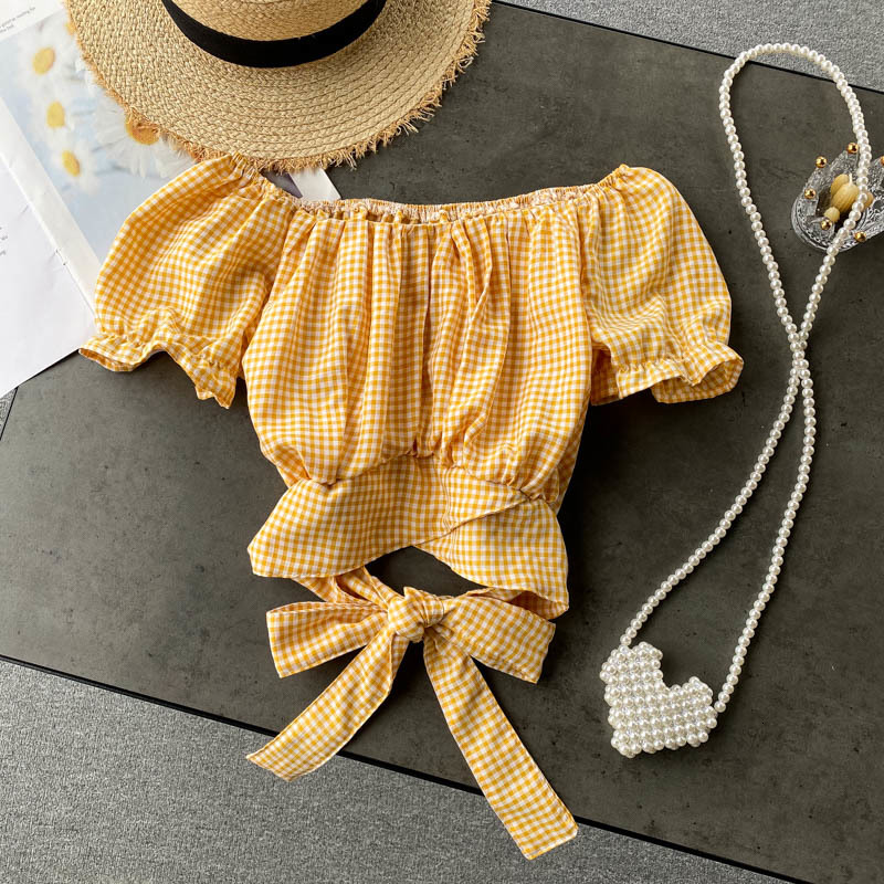 

2021 New Singiny female chess blouse summer puff slash neck bow cord thin blouses fashion streetwear vintage tops P0VV, Red