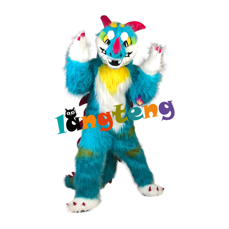 Mascot Costumes956 High Quality Long Fur Blue Colored Dragon Fursuit Mascot Costume Cartoon Festival Celebration Holiday Celebrate-image-747356774