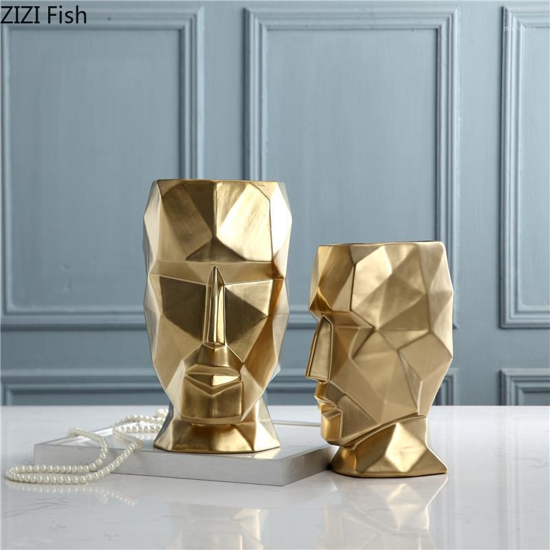 

Nordic Ceramics Vase Geometric Origami Abstract Golden Human Head Vases Flower Arrangement Crafts Figurines Home Decoration1