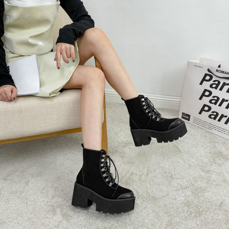 

Boussac Black Punk Rivets Patchwork Boots Women Chunky Heel Platform Motorcycle Round Toe Botas Mujer