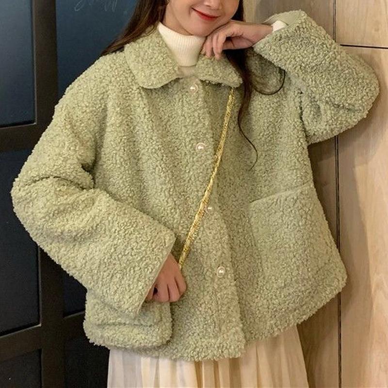 

Winter Warm Soft White Velvet Short Jacket Ladies Casual Long Sleeve Turn-Down Collar Fleece Coat With Pockets Coats, Beige