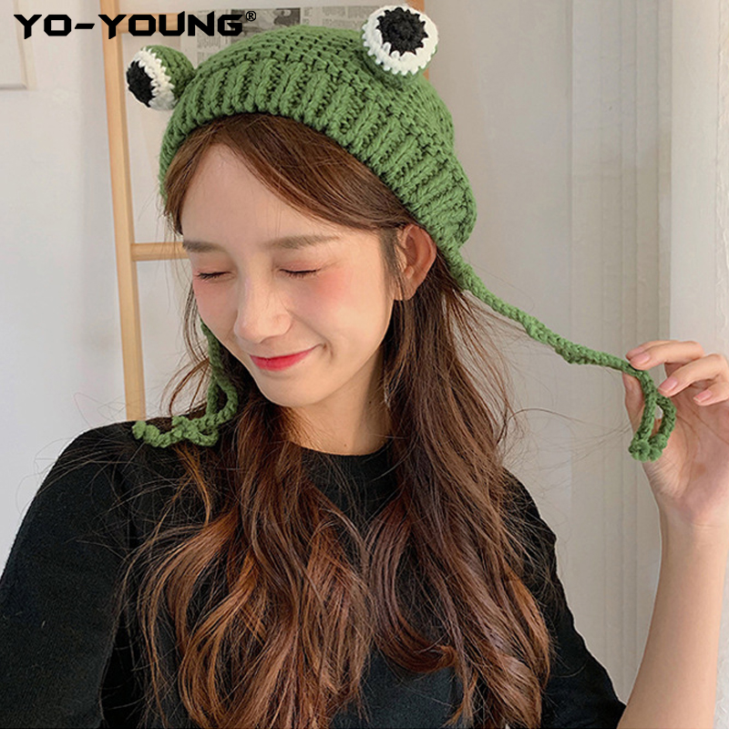 

Women Winter Hat Beanie Knitting Hat For Women Cute Frog Eye Beanie for Winter Skullies Warm Wool Cap 54-58 cm