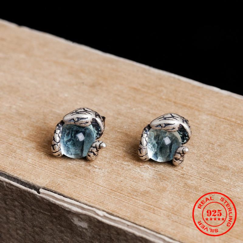 

MKENDN New 100% 925 Sterling Silver Earrings Men Women Vintage Snake Stud Earrings With Light blue topaz Personality Jewelry